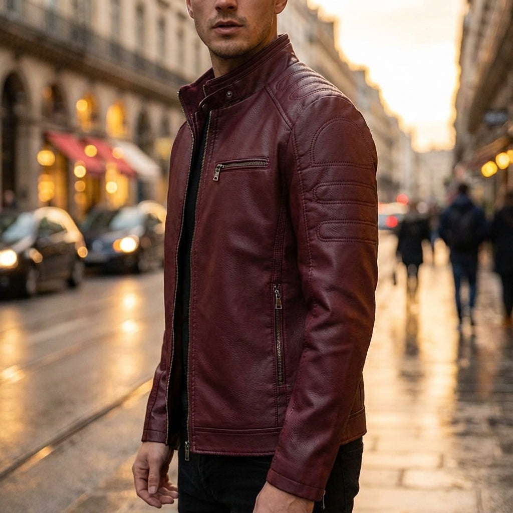 Men's faux leather biker jacket with a stand collar and quilted shoulders - view 10