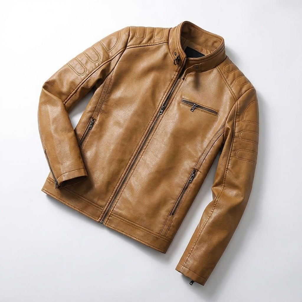 Men's faux leather biker jacket with a stand collar and quilted shoulders - view 3