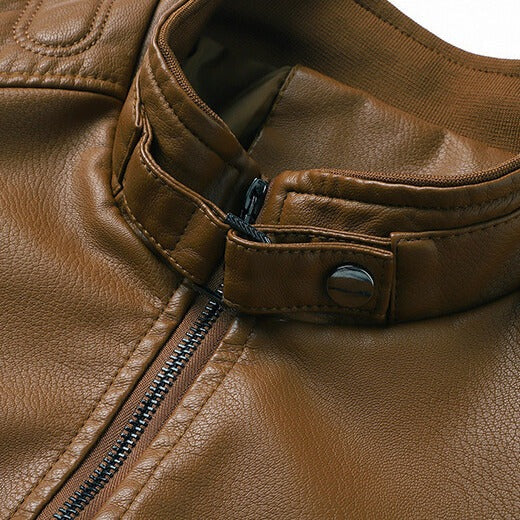 Men's faux leather biker jacket with a stand collar and quilted shoulders - view 4
