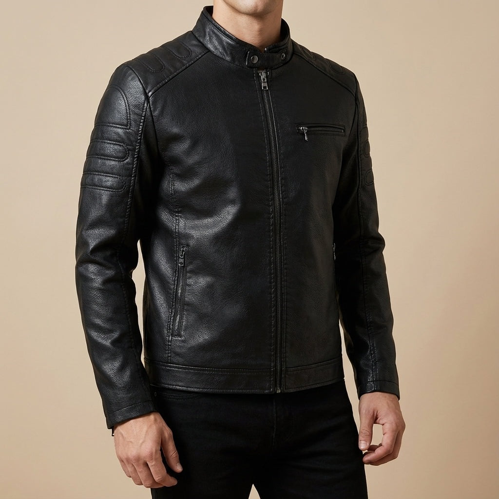 Men's faux leather biker jacket with a stand collar and quilted shoulders - black