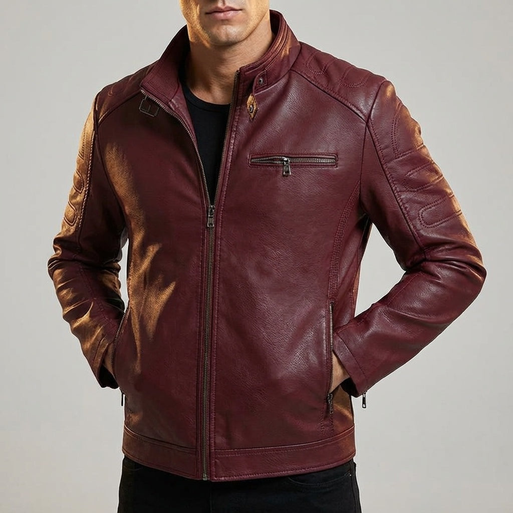 Men's faux leather biker jacket with a stand collar and quilted shoulders - burgundy