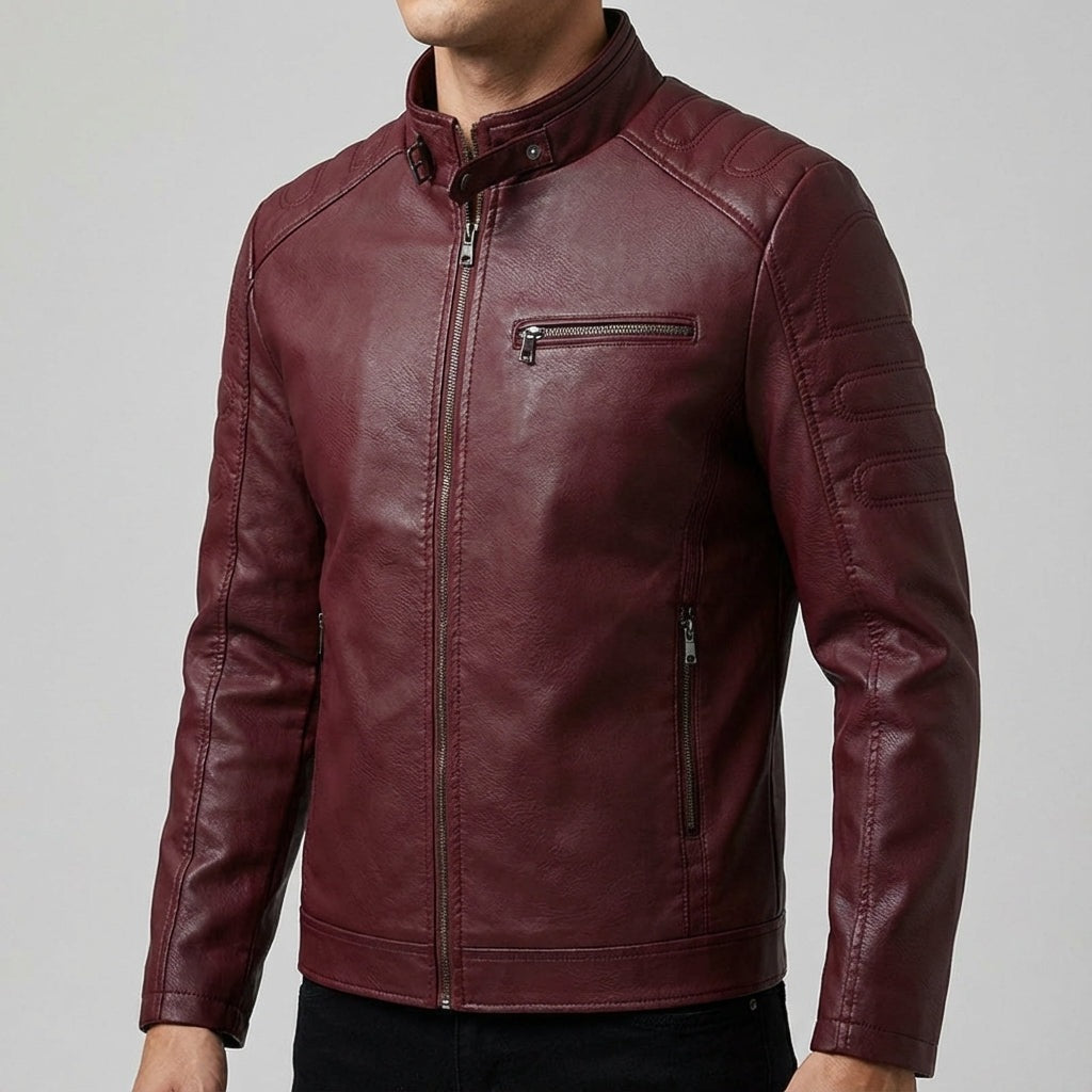 Men's faux leather biker jacket with a stand collar and quilted shoulders - view 9