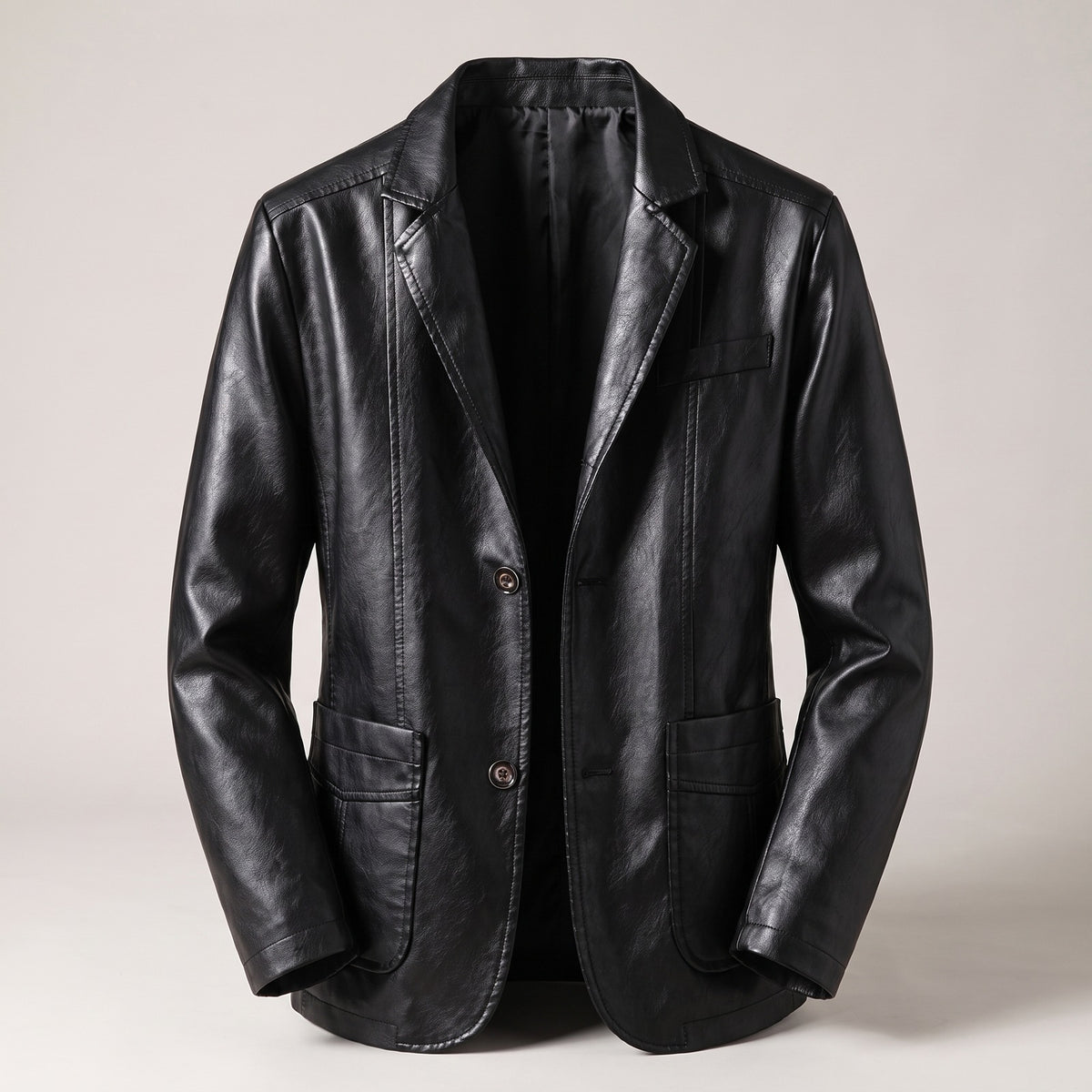Men's faux leather blazer with notch lapels and patch pockets - black