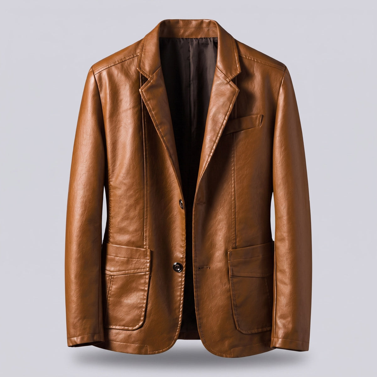 Men's faux leather blazer with notch lapels and patch pockets - brown