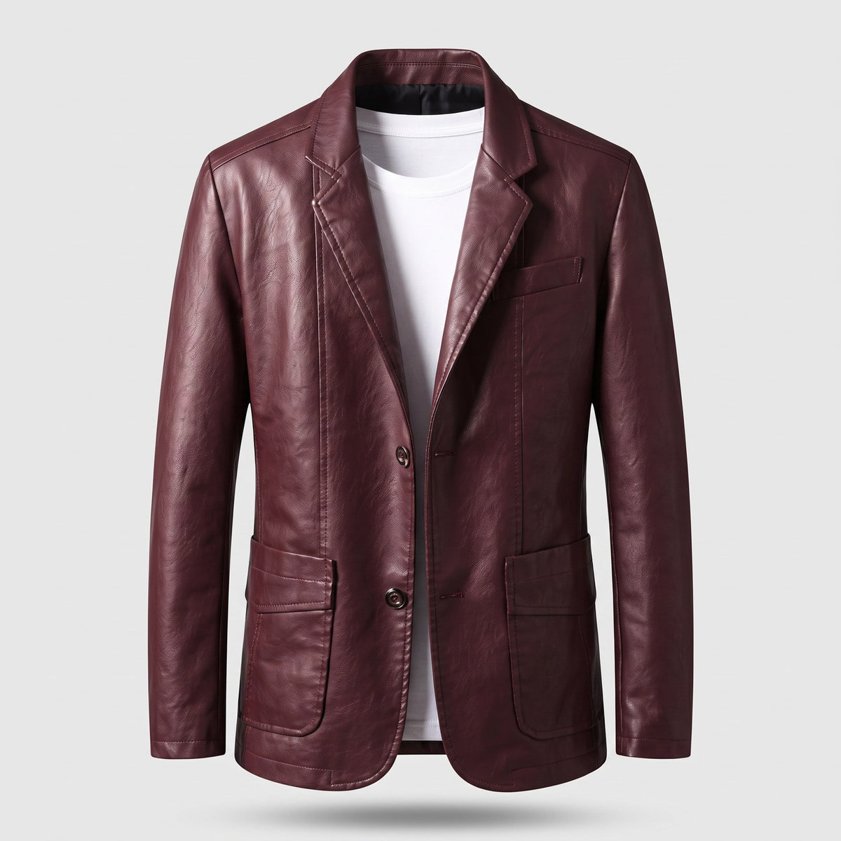Men's faux leather blazer with two buttons and patch pockets - burgundy