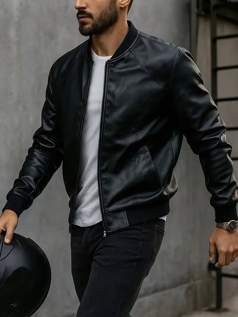 Men's slim fit faux leather bomber jacket with ribbed trims