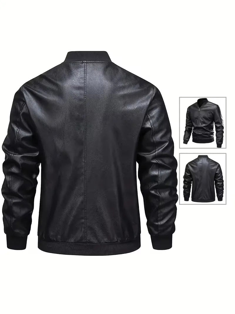 Men's slim fit faux leather bomber jacket with ribbed trims - view 2