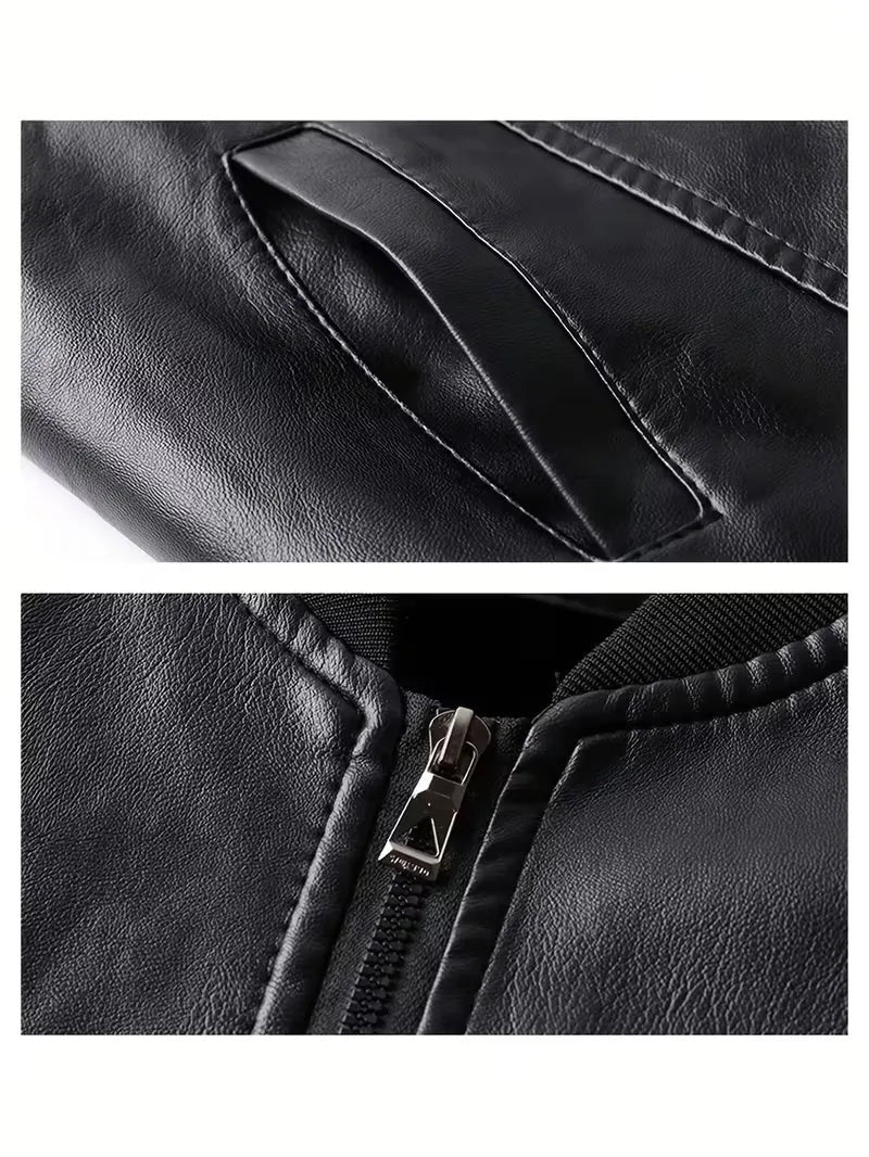 Men's slim fit faux leather bomber jacket with ribbed trims - view 4