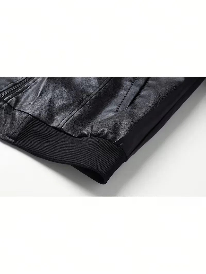 Men's slim fit faux leather bomber jacket with ribbed trims - view 6