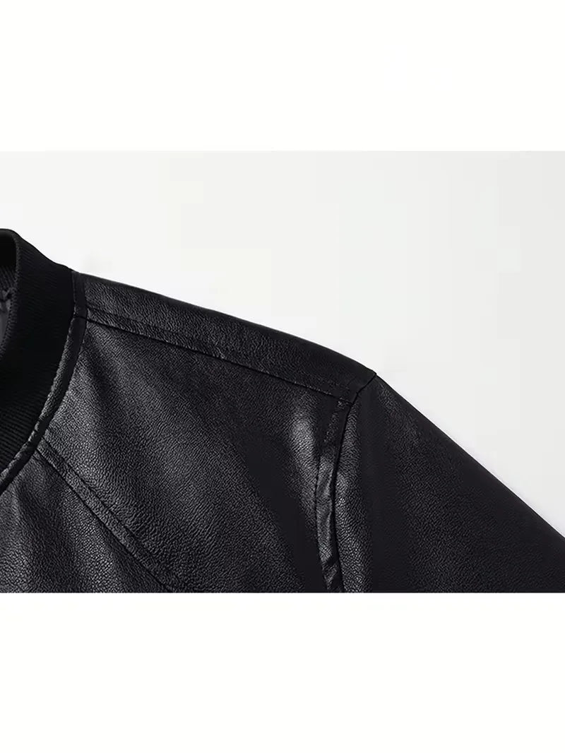 Men's slim fit faux leather bomber jacket with ribbed trims - view 8