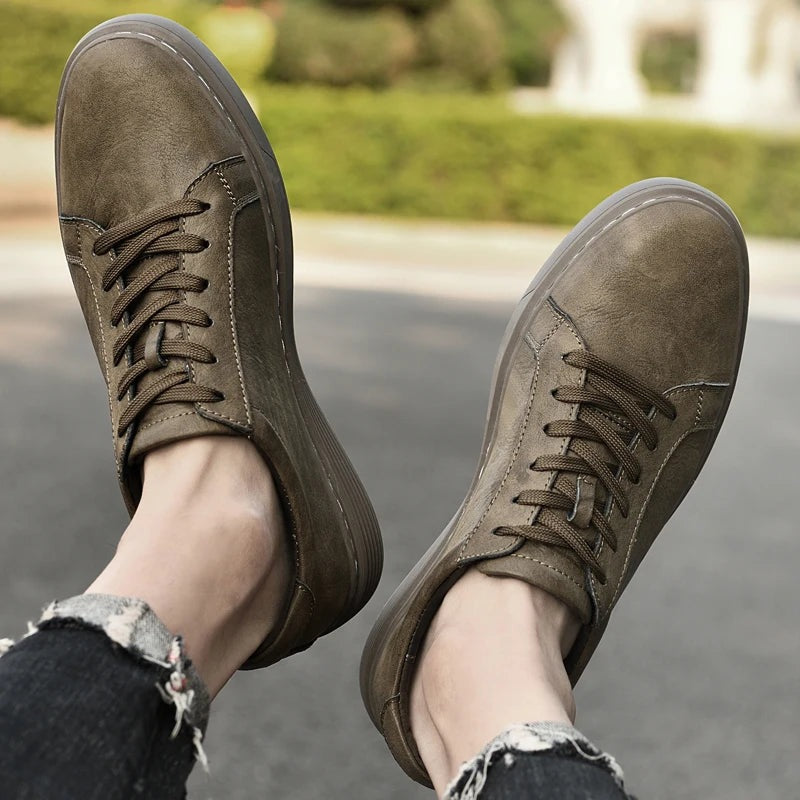 Men's matte faux leather trainers with white contrast stitching and a ribbed cupsole - khaki