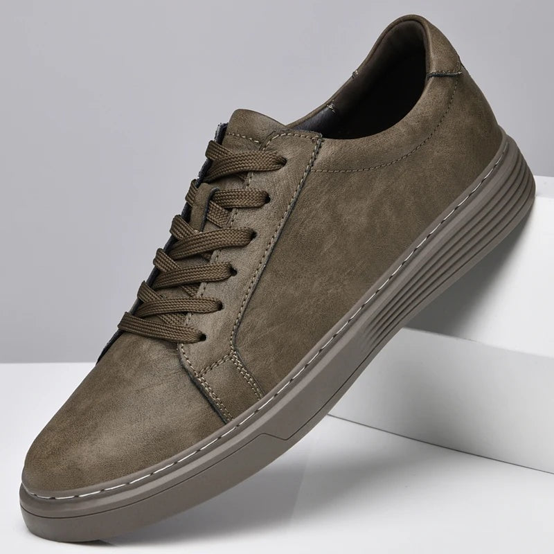Men's matte faux leather trainers with white contrast stitching and a ribbed cupsole - view 6