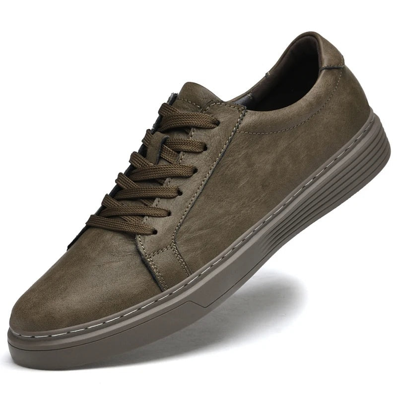 Men's matte faux leather trainers with white contrast stitching and a ribbed cupsole - view 8