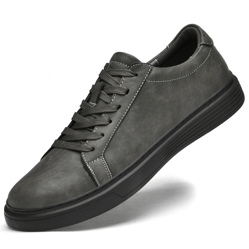 Men's matte faux leather trainers with white contrast stitching and a ribbed cupsole - view 9