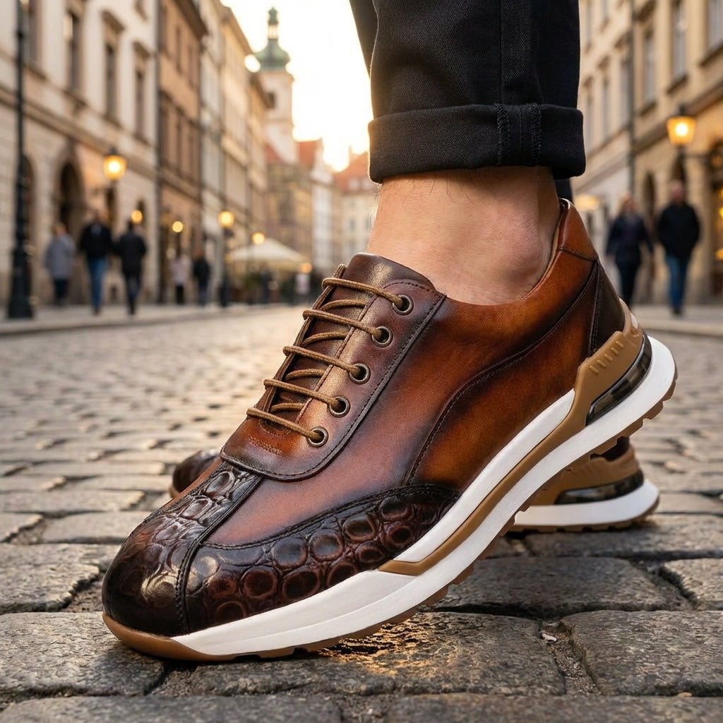 Men's faux leather trainers with a patina finish, croc-embossed toe and an air cushion in the heel - view 8