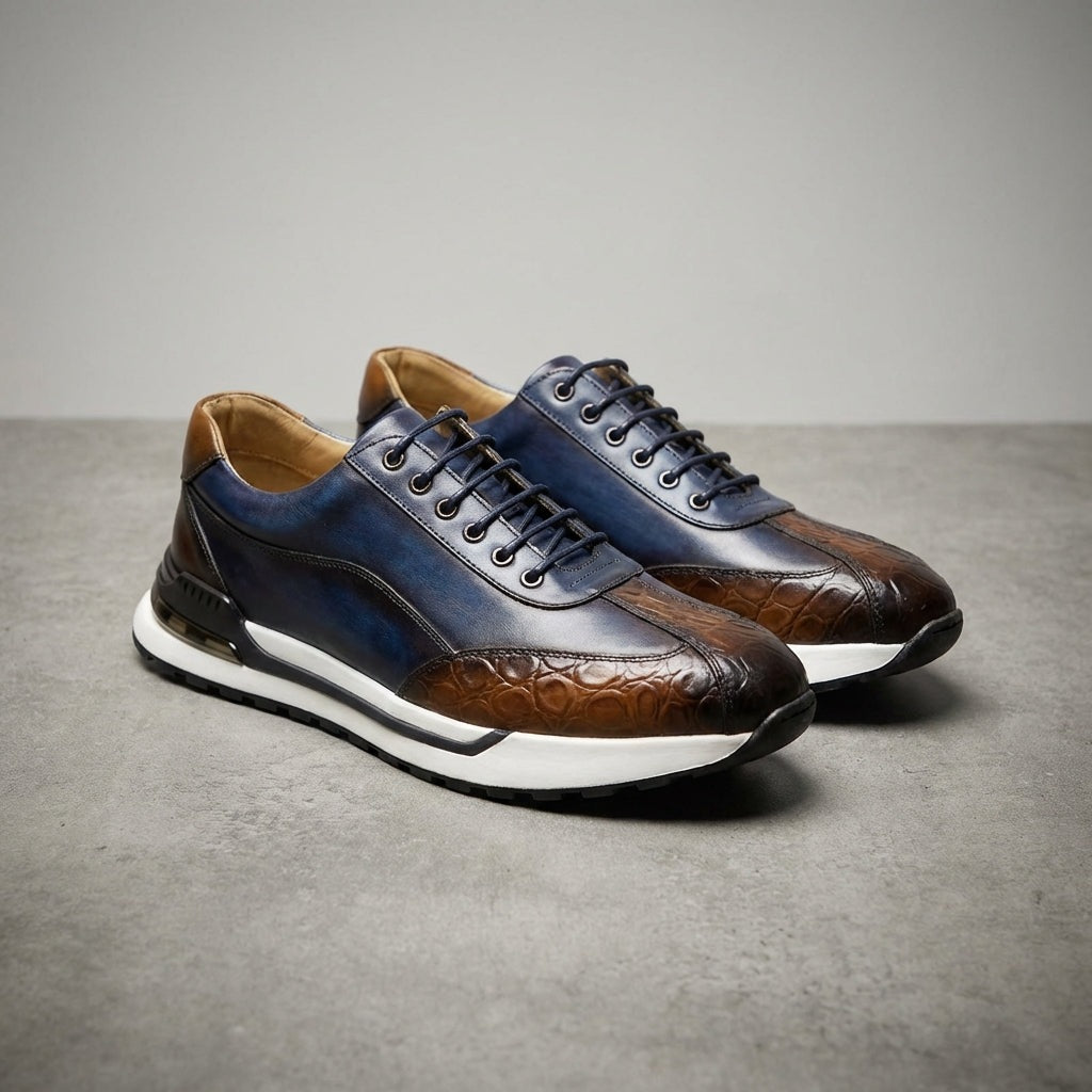 Men's faux leather trainers with a patina finish, croc-embossed toe and an air cushion in the heel - view 9
