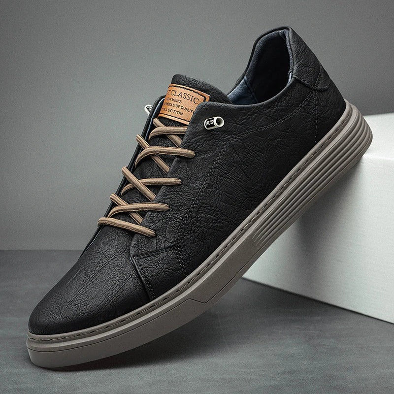 Men's matte faux leather trainers with a flat ribbed cupsole and contrast laces - black