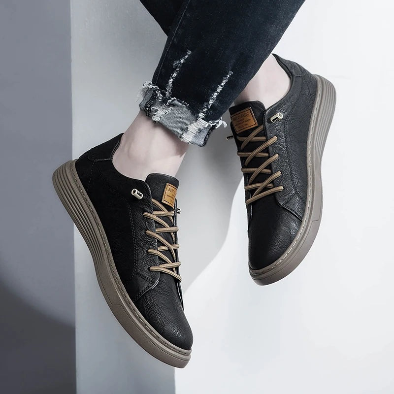 Men's matte faux leather trainers with a flat ribbed cupsole and contrast laces - view 3