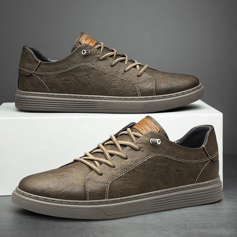 Men's matte faux leather trainers with a flat ribbed cupsole and contrast laces - olive brown