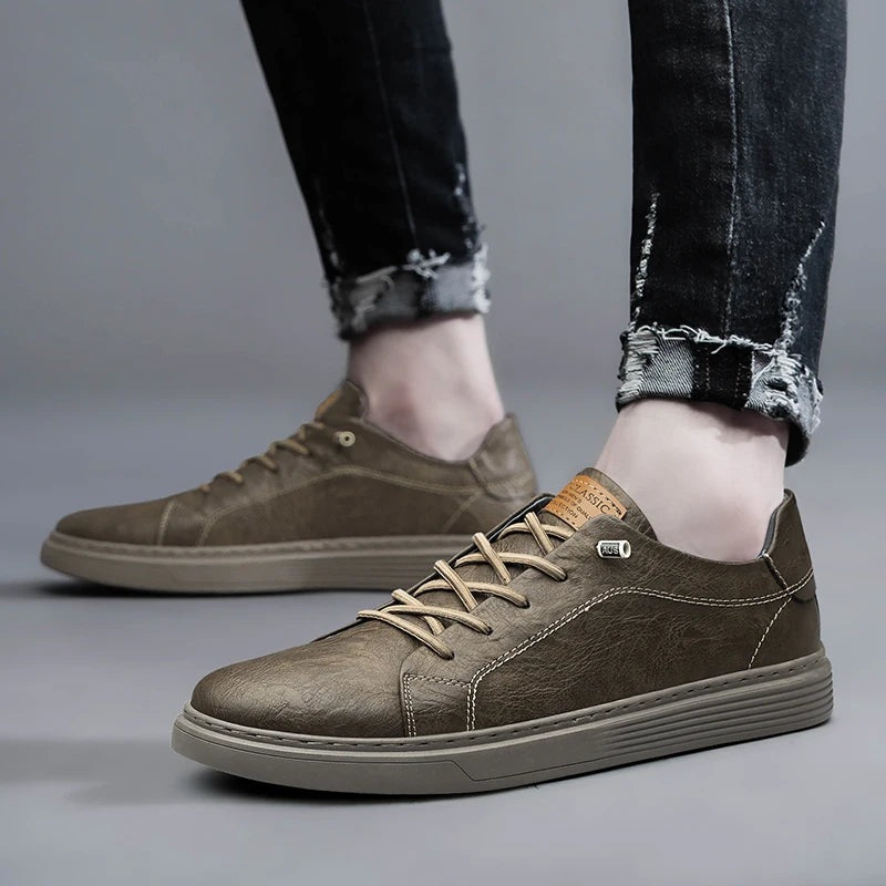 Men's matte faux leather trainers with a flat ribbed cupsole and contrast laces - view 5