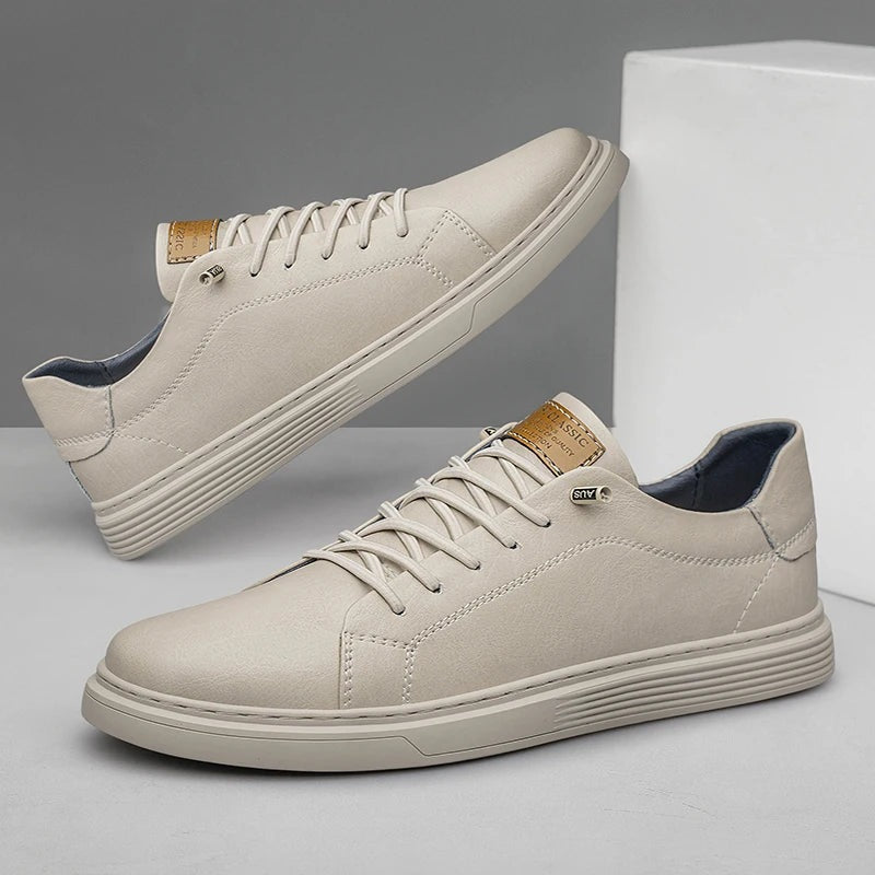 Men's matte faux leather trainers with a flat ribbed cupsole and contrast laces - cream