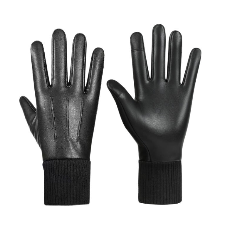 Men's faux leather gloves with a knitted cuff and a wrist strap