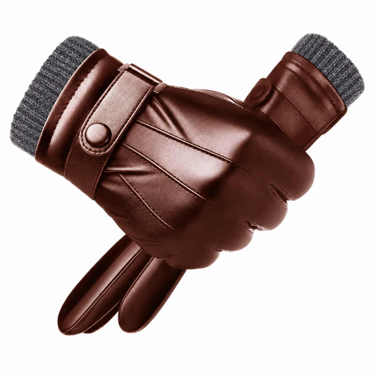 Men's faux leather gloves with a knitted cuff and a wrist strap - brown