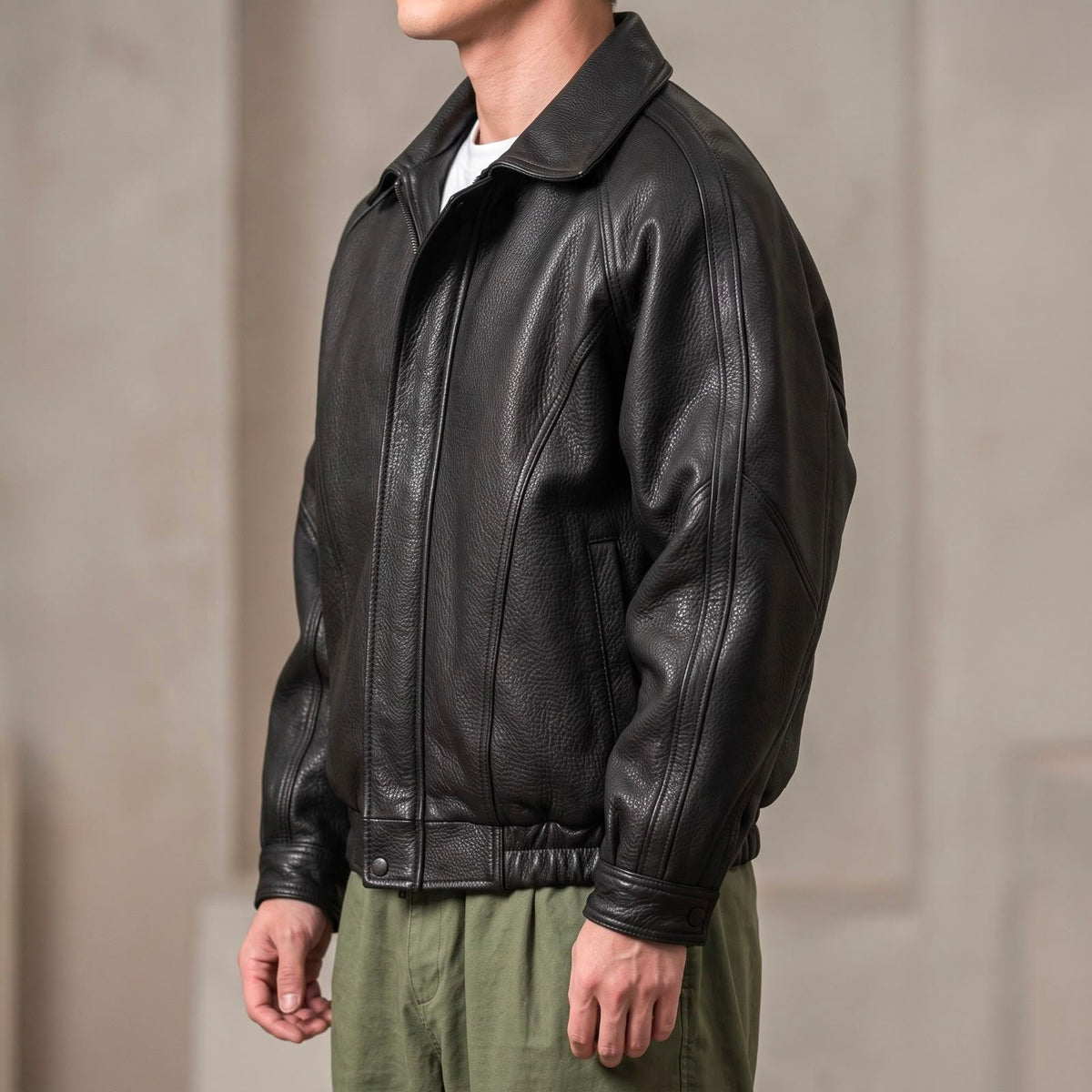 PU leather jacket for men with collar, zip, curved seams and elastic hem