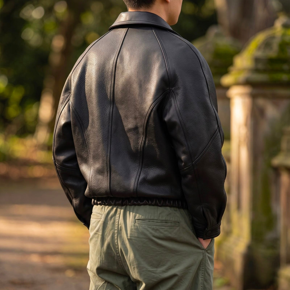PU leather jacket for men with collar, zip, curved seams and elastic hem