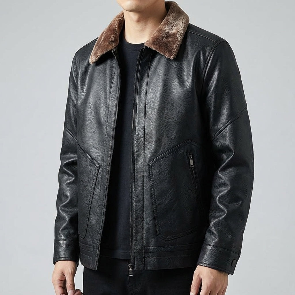Men's faux leather jacket with a plush collar and zipped patch pockets - view 4