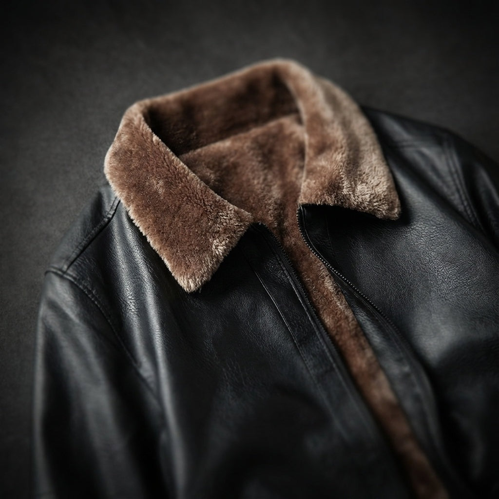 Men's faux leather jacket with a plush collar and zipped patch pockets - view 6