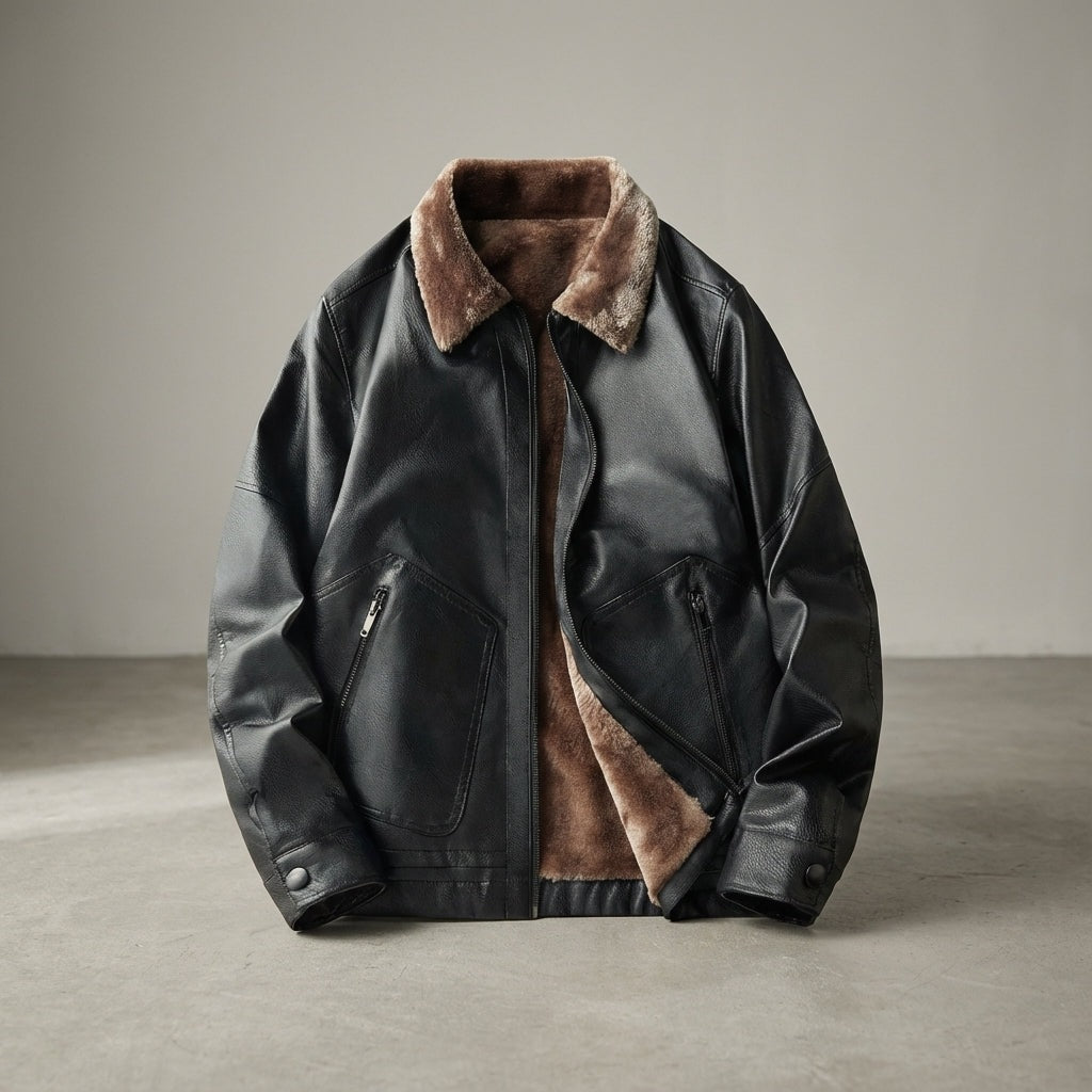 Men's faux leather jacket with a plush collar and zipped patch pockets - view 7