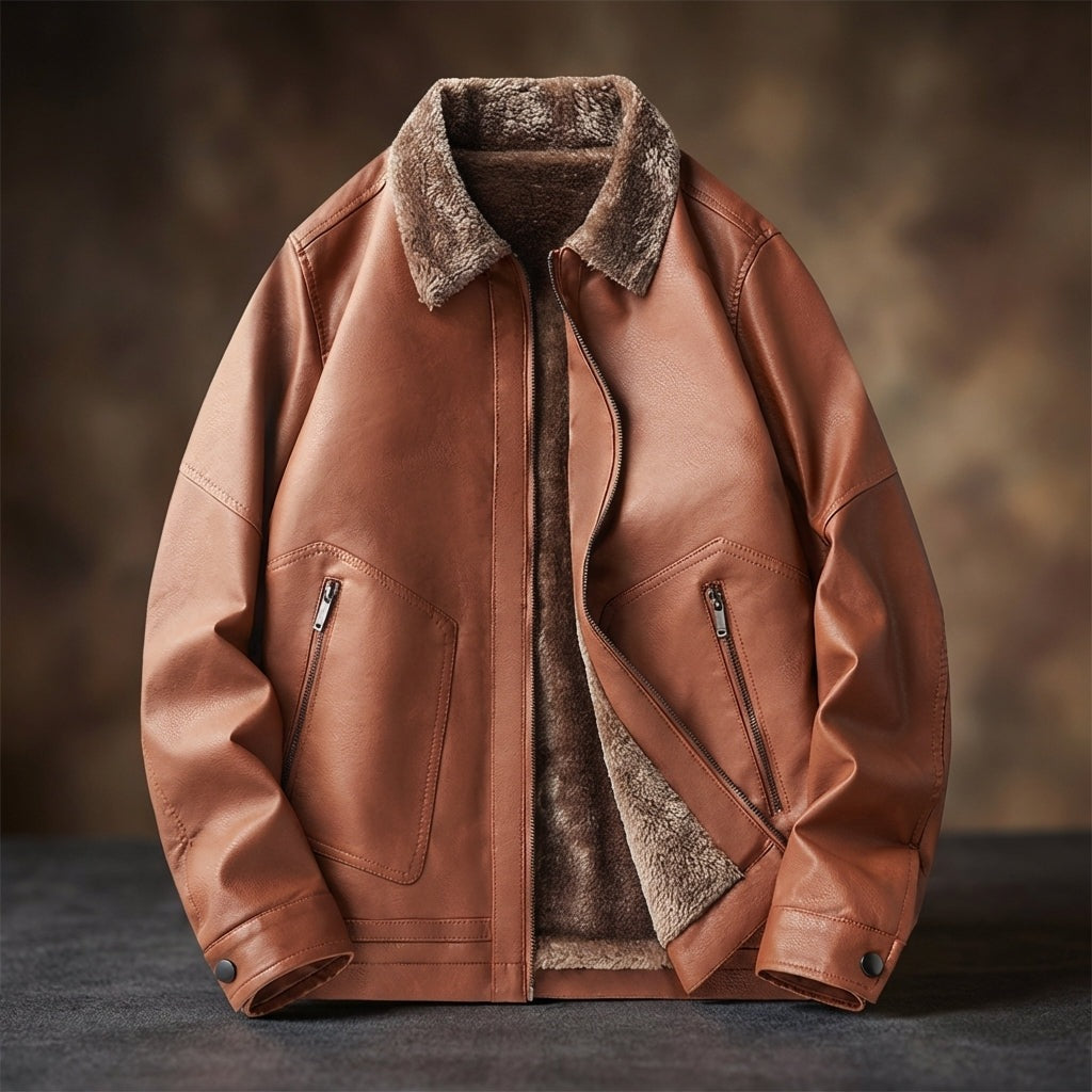 Men's faux leather jacket with a plush collar and zipped patch pockets - view 8