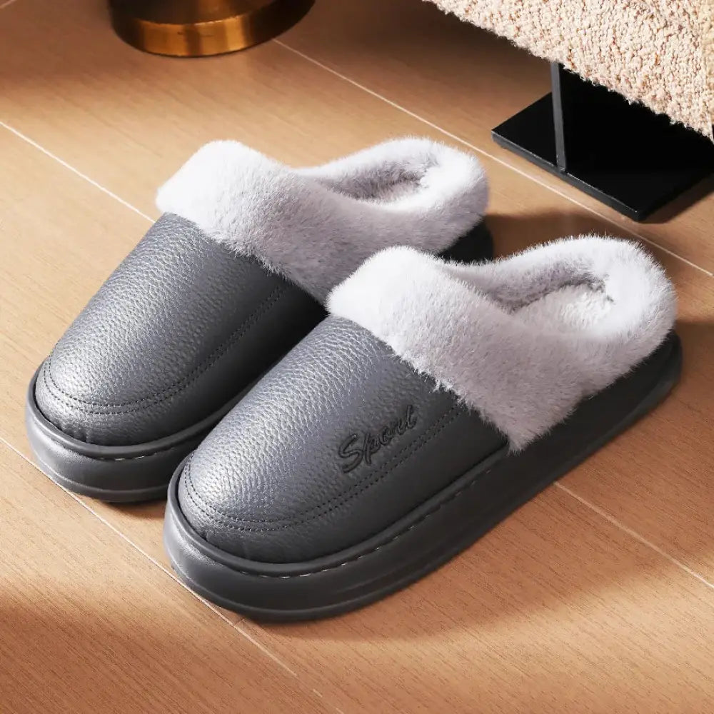 Mule slippers with a smooth faux leather upper, plush lining and cuff and a thick sole - grey