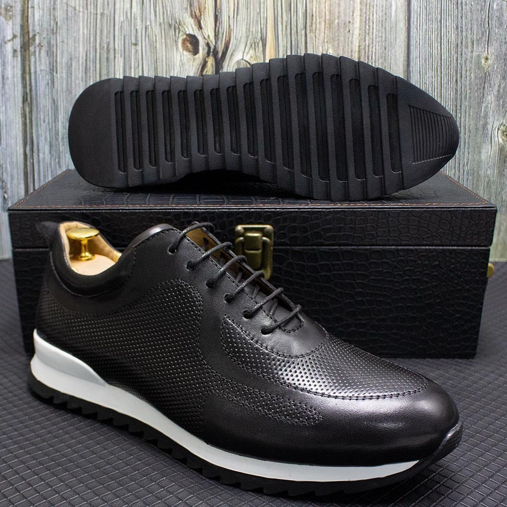 Men's glossy faux leather trainers with perforated panels and a white midsole - view 10