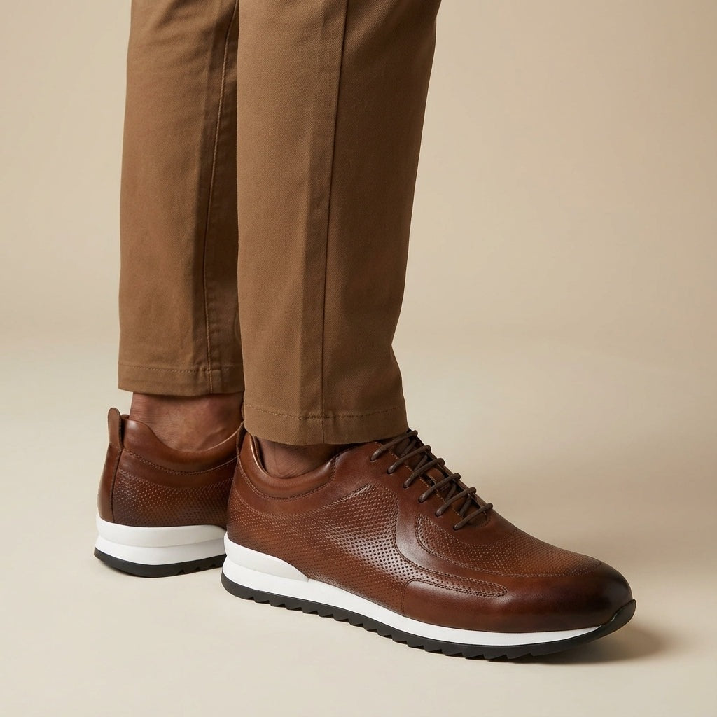 Men's glossy faux leather trainers with perforated panels and a white midsole - view 3