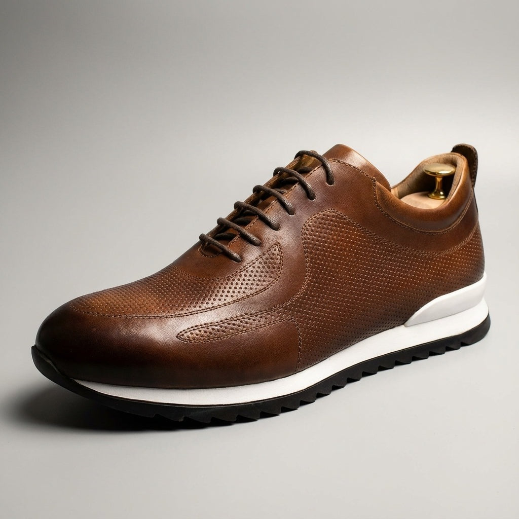 Men's glossy faux leather trainers with perforated panels and a white midsole - view 5