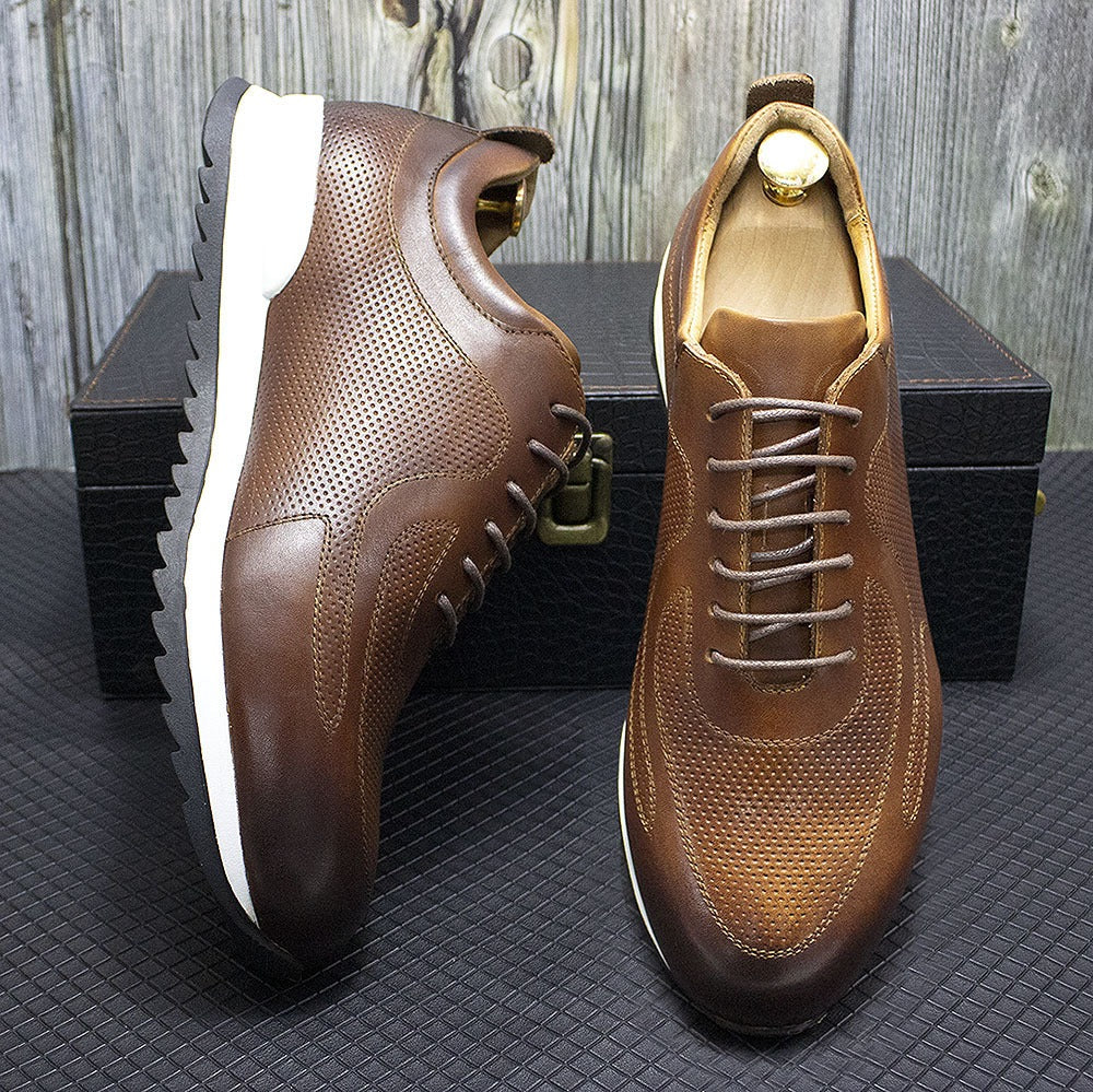 Men's glossy faux leather trainers with perforated panels and a white midsole - view 7