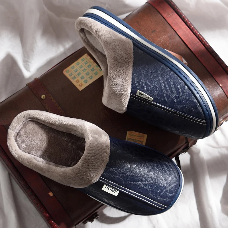 Men's mule slippers in faux leather with a plush cuff, plush lining and open heel - view 2