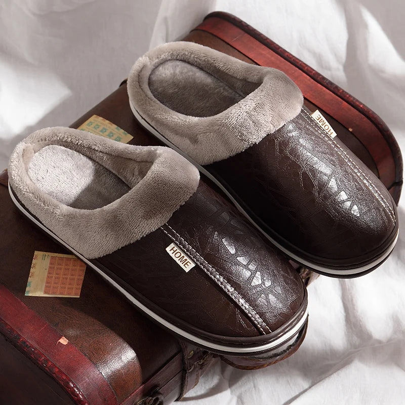 Men's mule slippers in faux leather with a plush cuff, plush lining and open heel - view 3