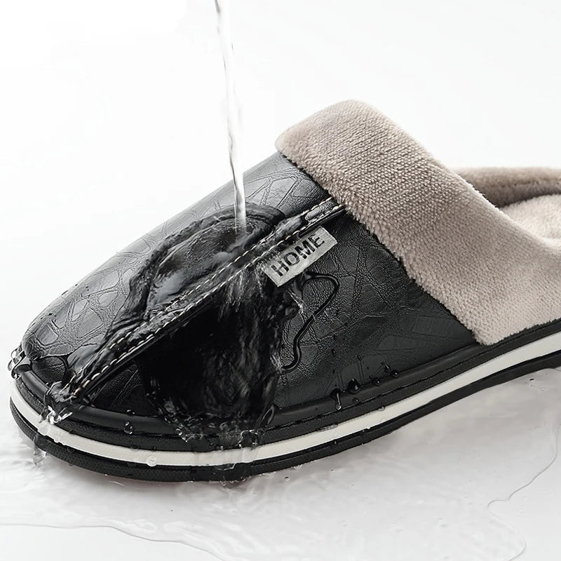 Men's mule slippers in faux leather with a plush cuff, plush lining and open heel - view 4