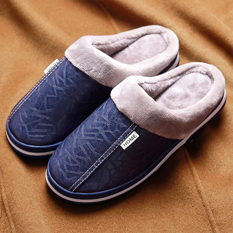 Men's mule slippers in faux leather with a plush cuff, plush lining and open heel - navy