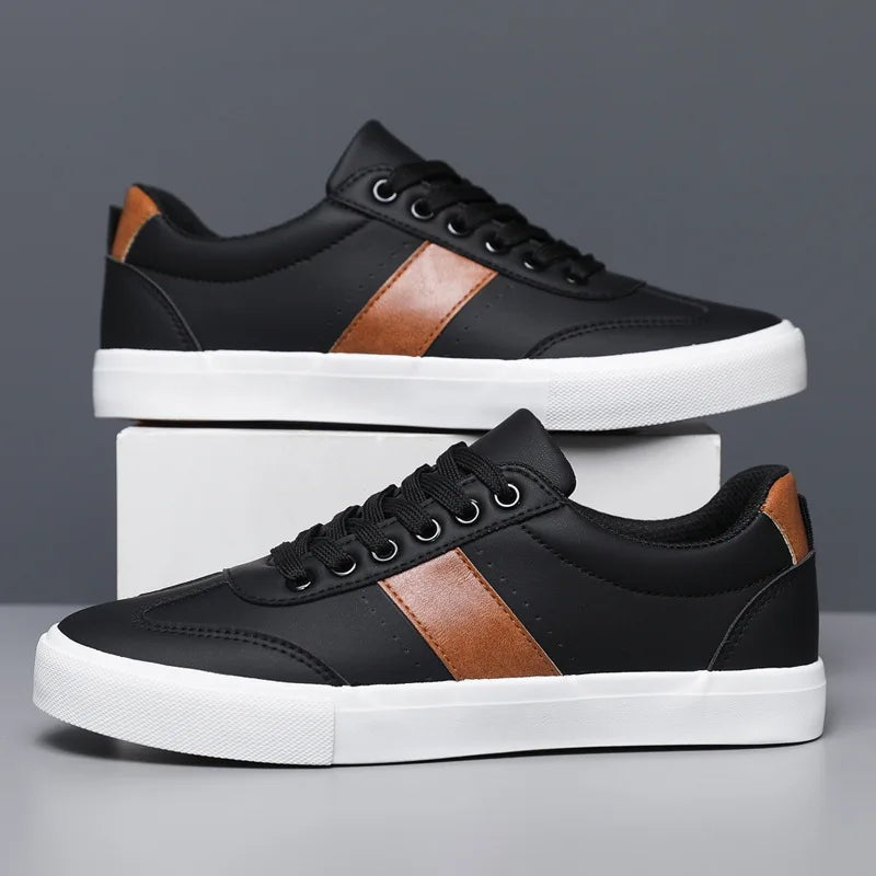 Men's faux leather trainers with a diagonal side stripe, tan heel piece and white rubber sole - black