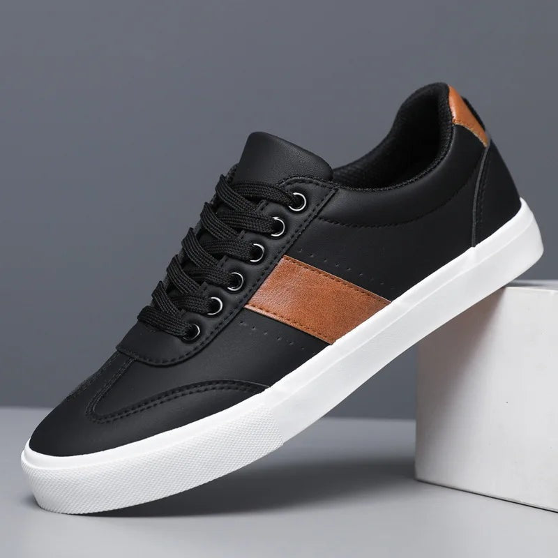 Men's faux leather trainers with a diagonal side stripe, tan heel piece and white rubber sole - view 4
