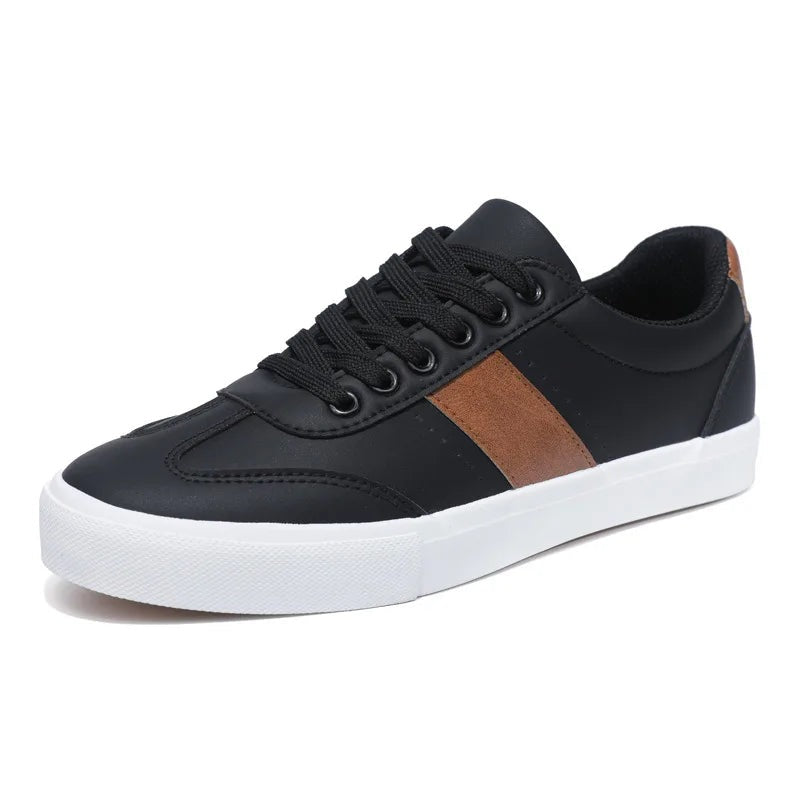 Men's faux leather trainers with a diagonal side stripe, tan heel piece and white rubber sole - view 5