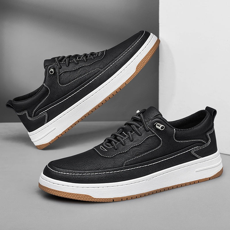 Men's low faux leather trainers with contrast stitching, a white sole and a tan outsole - black