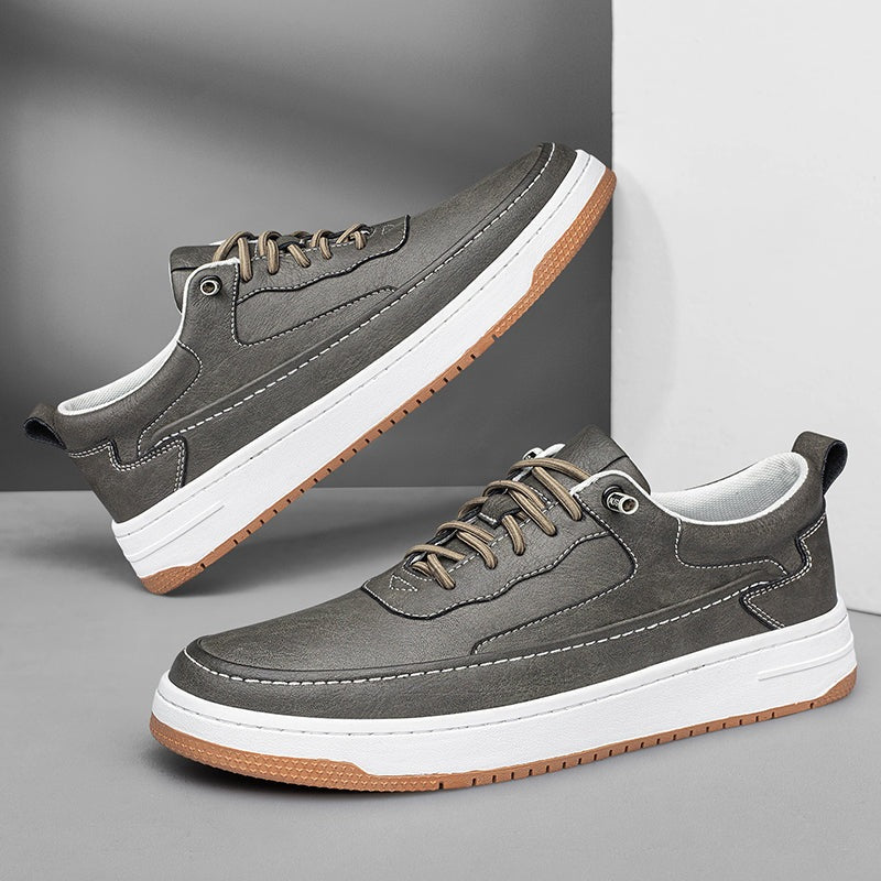 Men's low faux leather trainers with contrast stitching, a white sole and a tan outsole - grey