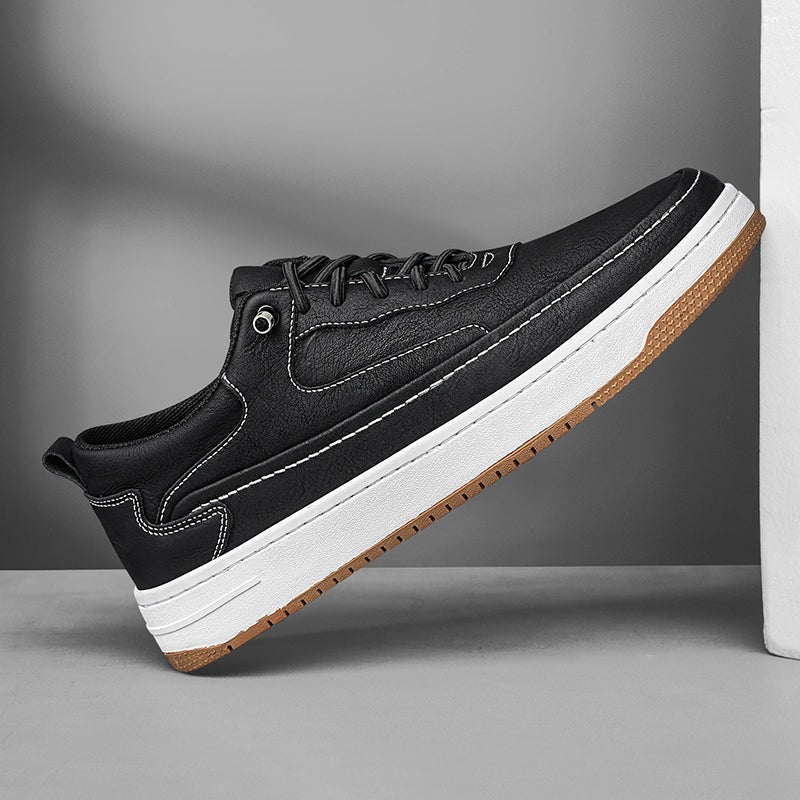 Men's low faux leather trainers with contrast stitching, a white sole and a tan outsole - view 7