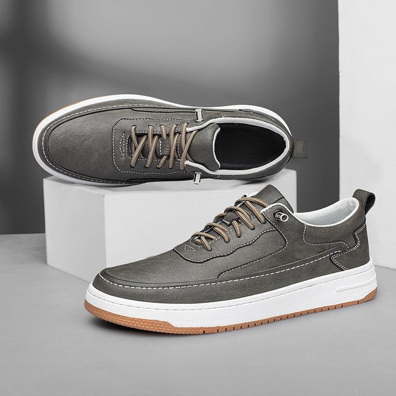 Men's low faux leather trainers with contrast stitching, a white sole and a tan outsole - view 8