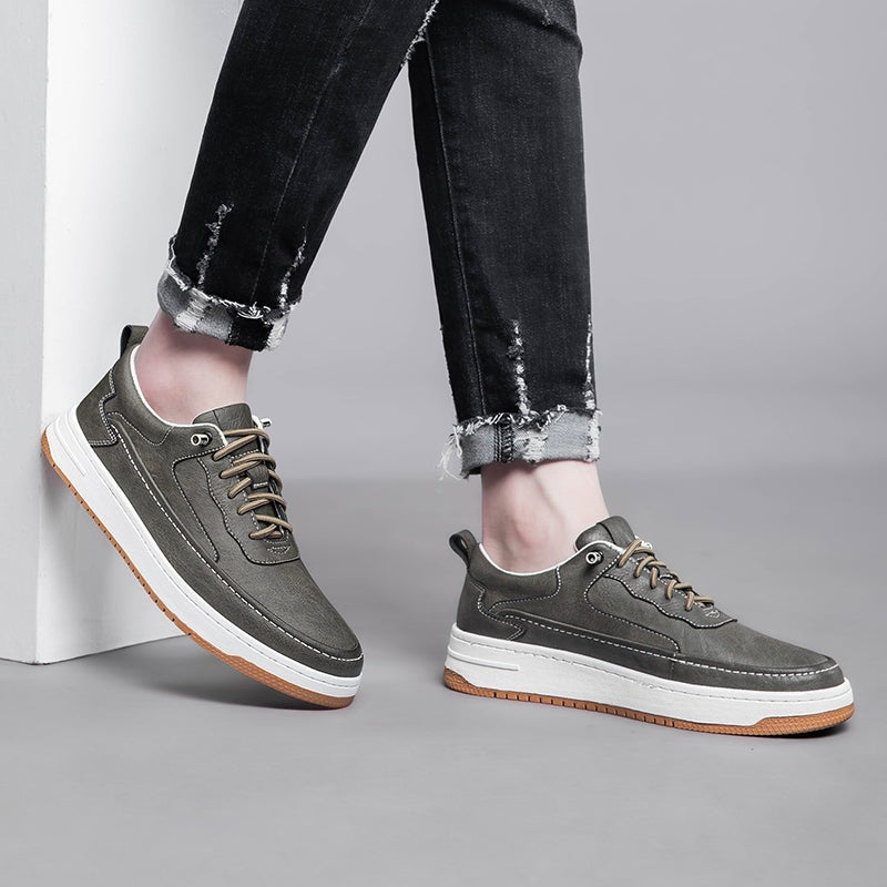 Men's low faux leather trainers with contrast stitching, a white sole and a tan outsole - view 9